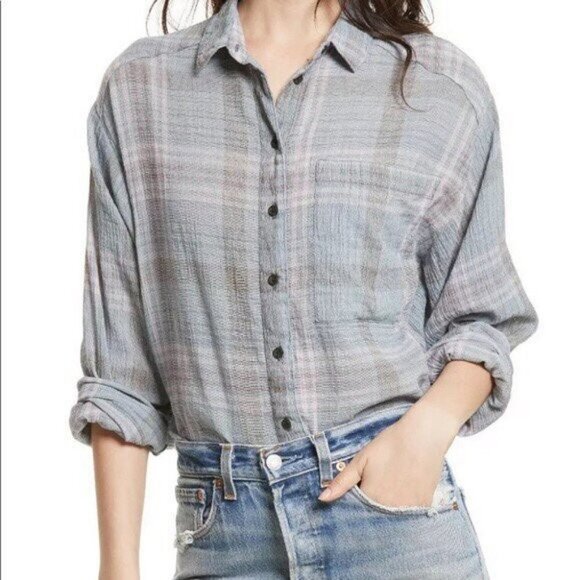 FREE PEOPLE | button down shirt cropped plaid gauze high low blue sz XS - Picture 1 of 8